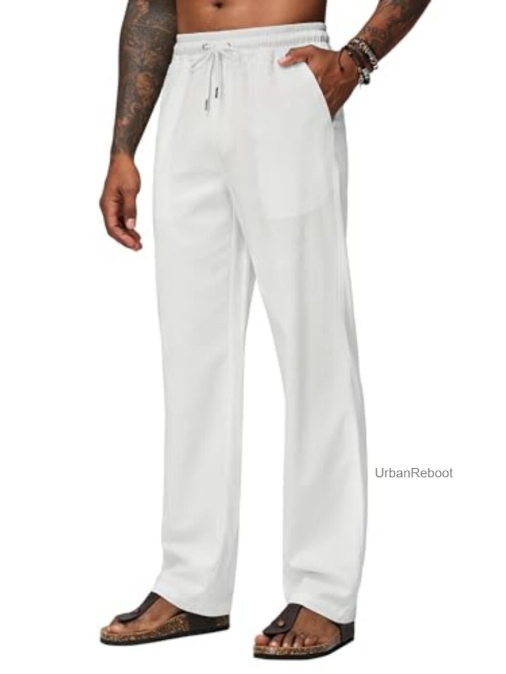 Men's Linen Blend Pants Elastic Waist Drawstring Straight Leg